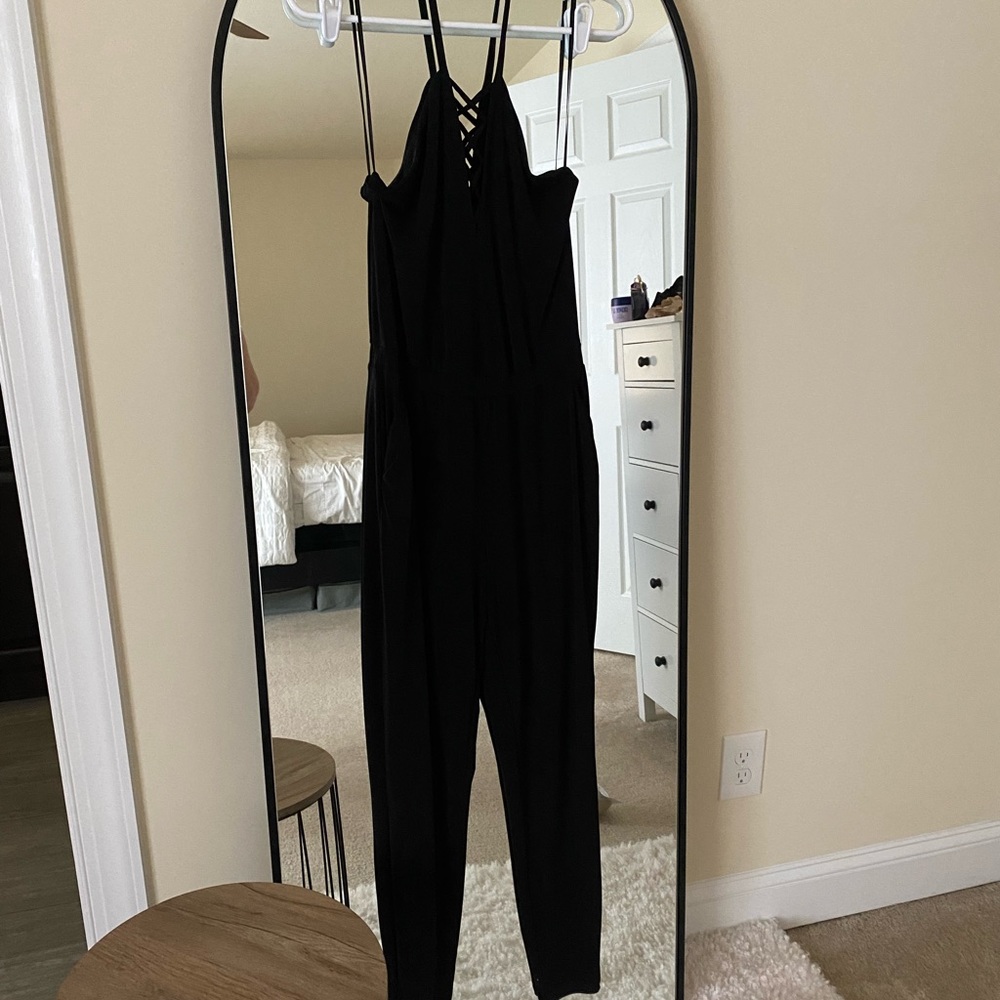 Guess black criss cross halter jumpsuit